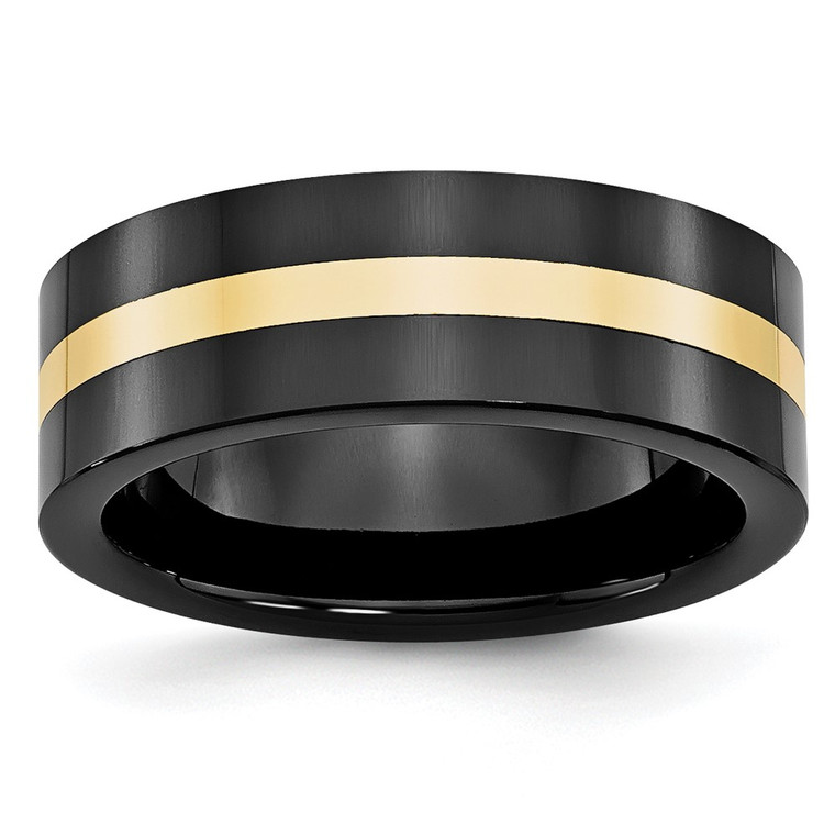 Chisel Ceramic Flat Black with 14k Gold Inlay 8mm Polished Band - CE-FF308871-5567