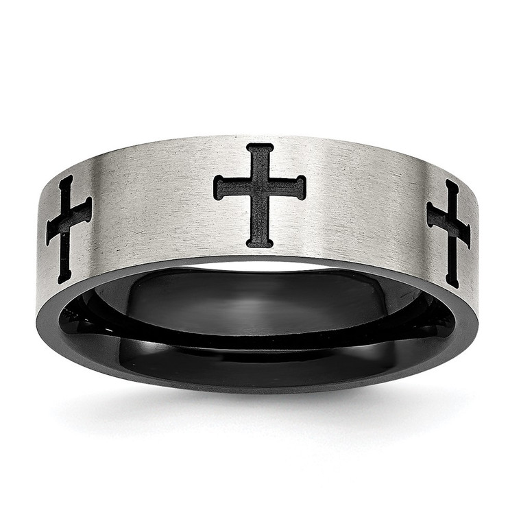 Chisel Stainless Steel Brushed and Polished Black IP-plated Crosses 7mm Band - SR-5CF1A17D-1953