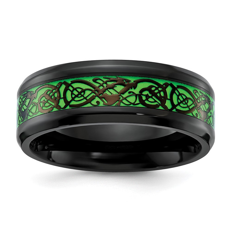 Chisel Stainless Steel Polished Black IP-plated Dragon Design with Green Glow in the Dark Enamel 8mm Band - SR-5512D3ED-7153