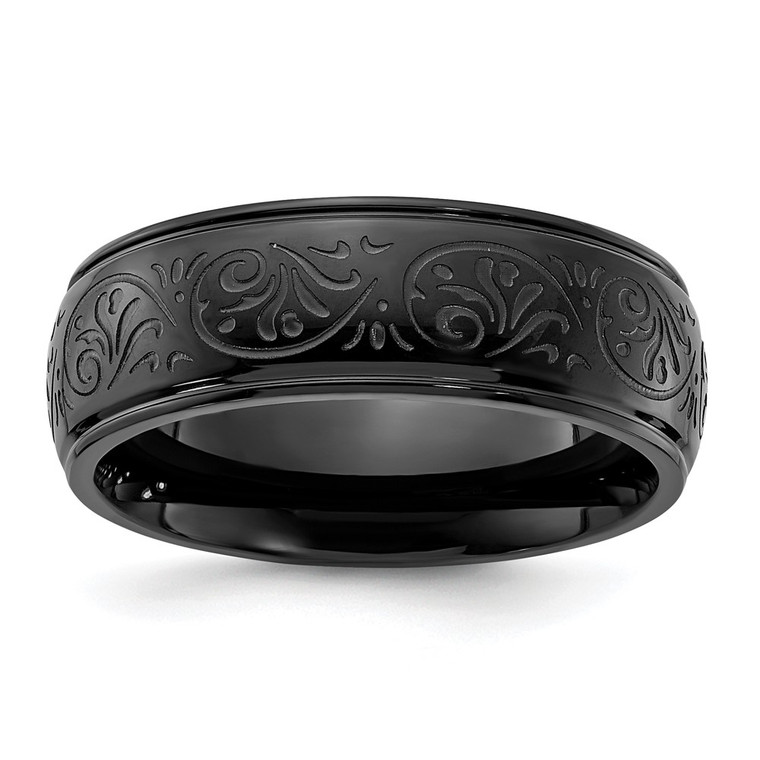 Chisel Stainless Steel Polished Black IP-plated Etched Design Ridged Edge 7.5mm Band - SR-21972377-7423