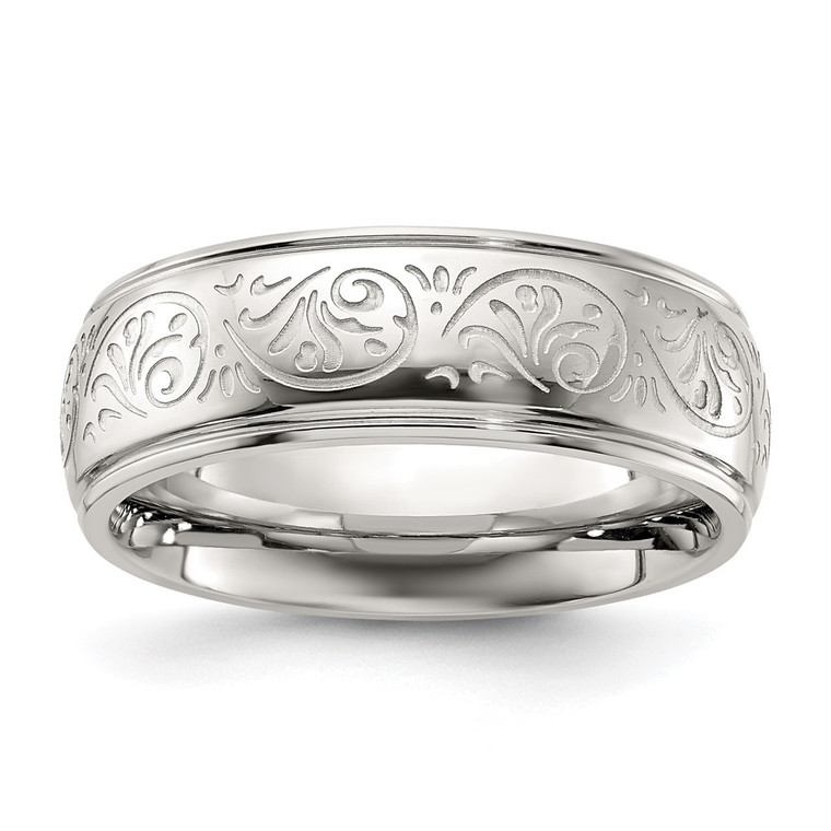 Chisel Stainless Steel Polished Etched Design Ridged Edge 7.5mm Band - SR-AAE5BBA4-3856