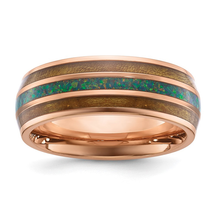 Chisel Stainless Steel Polished Rose IP-plated with Wood and Imitation Opal Inlay 8mm Band - SR-11AA0BF4-2193