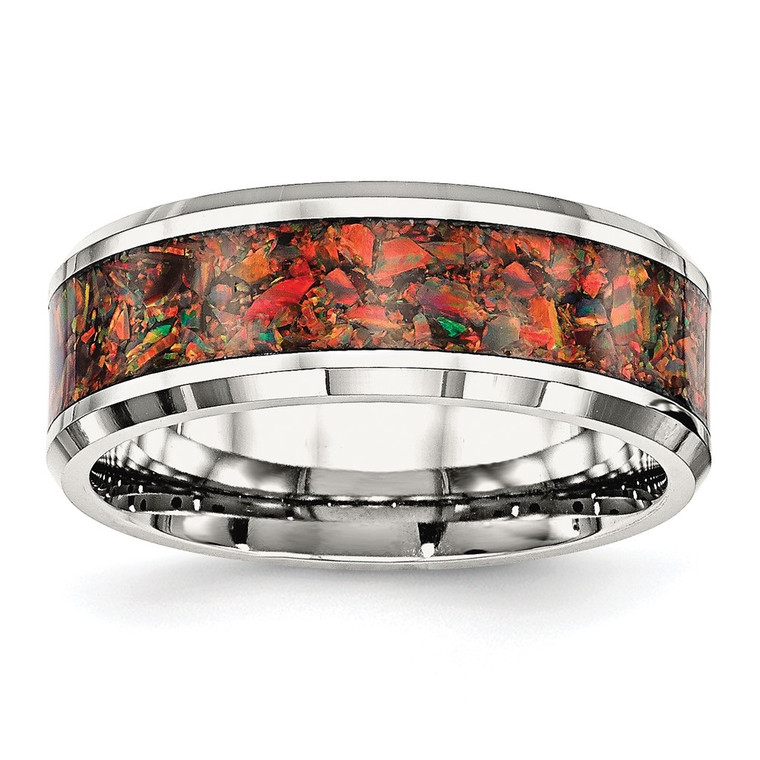 Chisel Stainless Steel Polished with Red Imitation Opal Inlay 8mm Band - SR-3D0B351E-4636