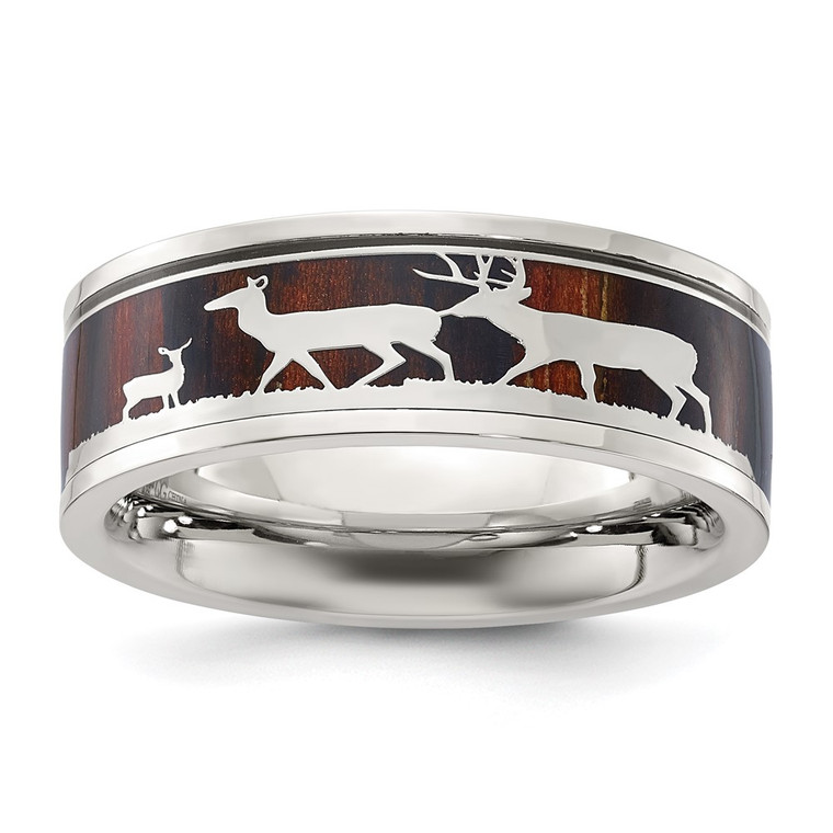 Chisel Stainless Steel Polished with Wood Inlay Deer Design 8mm Band - SR-78ABB08F-9548