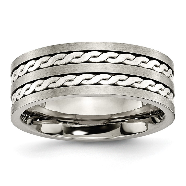 Chisel Titanium Antiqued and Brushed with Sterling Silver Braided Inlay 8mm Band - TB-55F2B754-7806