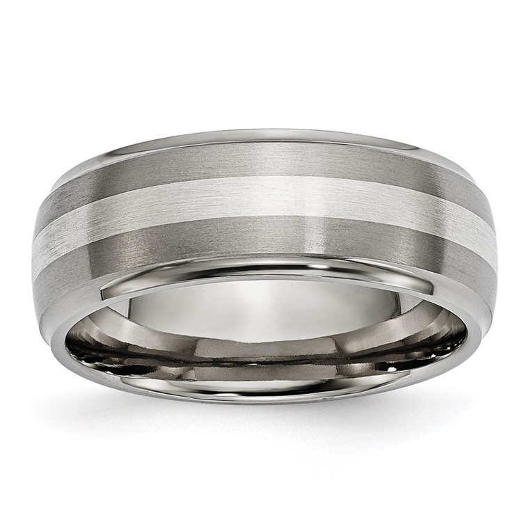 Chisel Titanium Brushed and Polished with Sterling Silver Inlay 8mm Ridged Edge Band - TB-25E3CB63-6940
