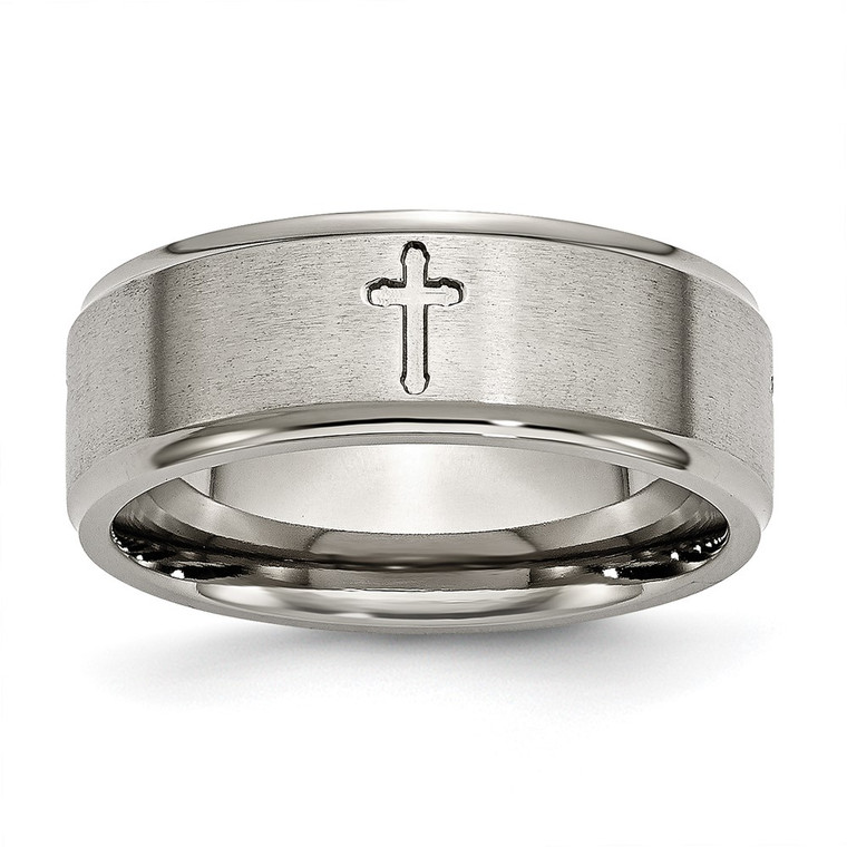 Chisel Titanium Brushed Center Cross 8mm Ridged Edge Band - TB-57D9E3E3-2593