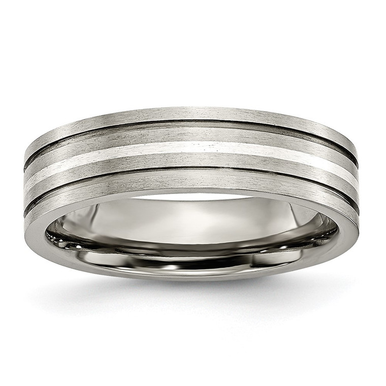 Chisel Titanium Brushed with Sterling Silver Inlay 6mm Grooved Band - TB-E6EAFFE0-3096