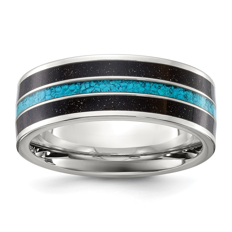 Chisel Titanium Polished with Turquoise and Black Star Sandstone Inlay 8mm Band - TB-AEDCF9E3-3161