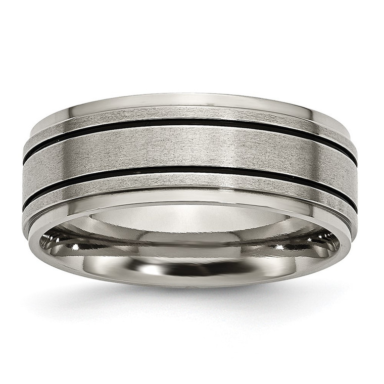 Chisel Titanium Satin Center Black Enamel 8mm Ridged Edge Band - TB-327A5176-6579