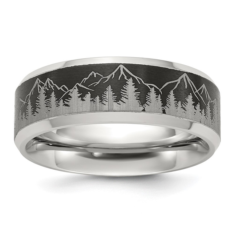 Chisel Titanium with Brushed Center Laser Design Mountains 8mm Band - TB-1731B46F-9898