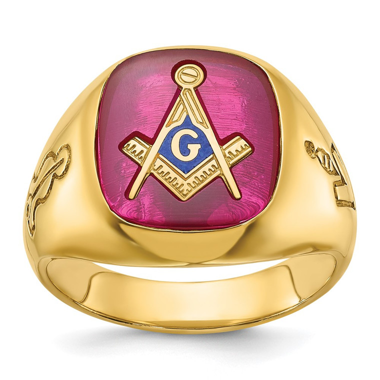 IBGoodman 14k Men's Polished and Grooved with Lab Created Ruby Blue Lodge Master Masonic Ring