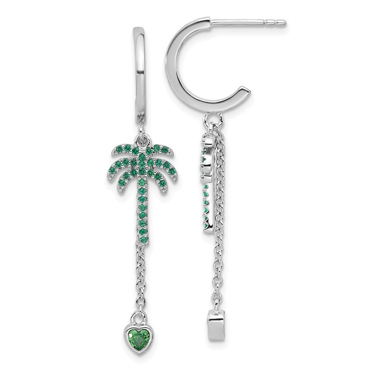Pure Fire  Sterling Silver Rhod-plated Green CZ Palm Tree Heart Post Hoop E