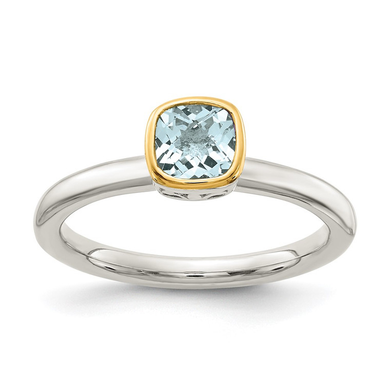 Shey Couture Sterling Silver Rhodium-plated with 14K Accent Polished Cushion-cut Aquamarine Ring - QT-F7B6241A-4571