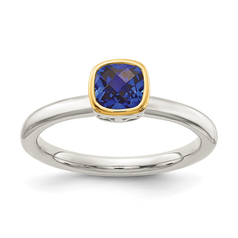 Shey Couture Sterling Silver Rhodium-plated with 14K Accent Polished Cushion-cut Created Sapphire Ring - QT-289650F9-4245