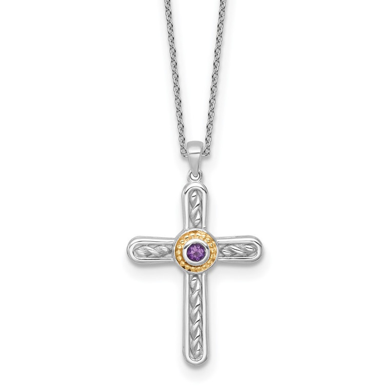 Shey Couture Sterling Silver Rhodium-plated with 14k Accent Round Amethyst Textured Cross 18 inch with 2 inch Extension Necklace