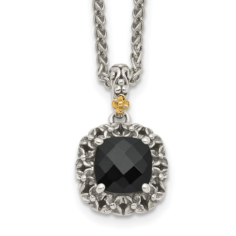 Shey Couture Sterling Silver with 14K Accent 18 Inch Antiqued Checkerboard-cut Black Onyx Necklace - QT-0400AB69-6878