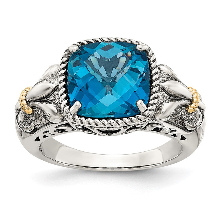 Shey Couture Sterling Silver with 14K Accent Antiqued Checkerboard Cushion London Blue Topaz Ring - QT-0143D8A3-2014
