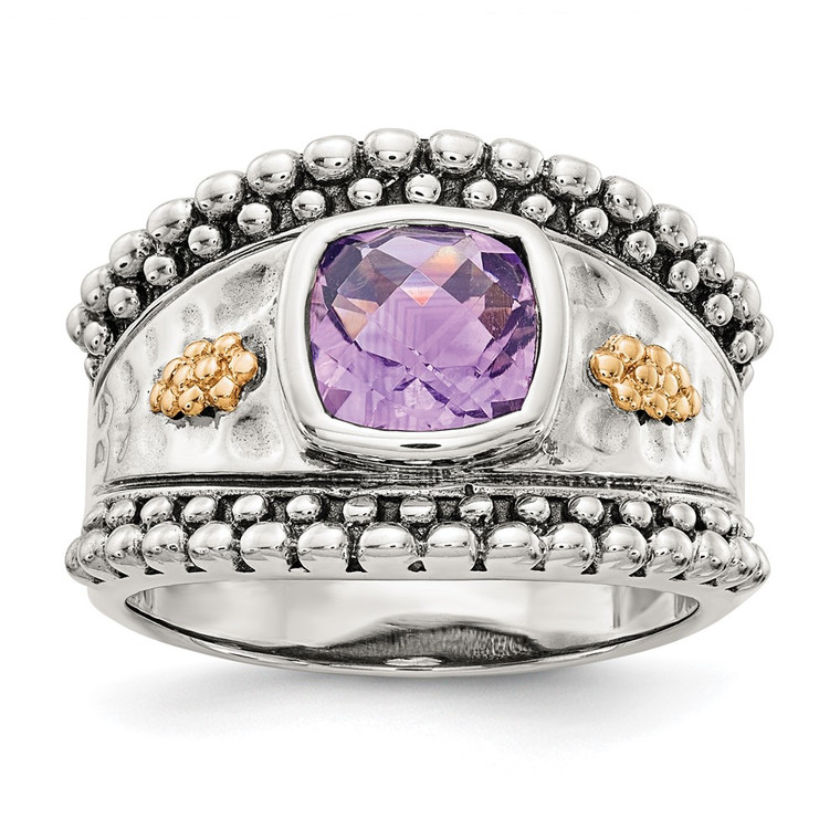 Shey Couture Sterling Silver with 14K Accent Antiqued Checkerboard-cut Cushion Bezel Amethyst Ring - QT-0C122D94-7810