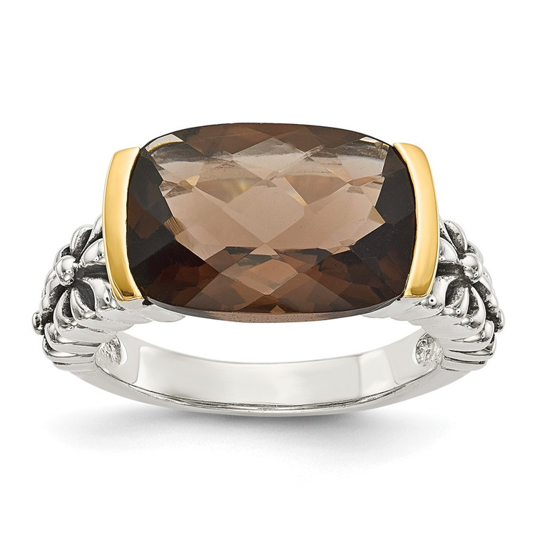 Shey Couture Sterling Silver with 14K Accent Antiqued Cushion Checkerboard Smoky Quartz Ring - QT-003292BE-9922