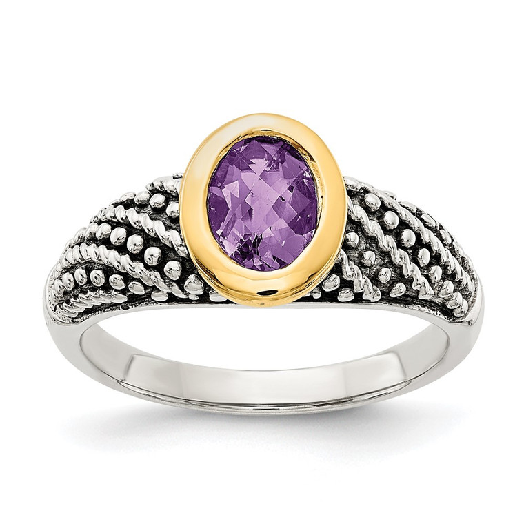 Shey Couture Sterling Silver with 14K Accent Antiqued Oval Bezel Amethyst Ring - QT-CA8BE4C2-6710
