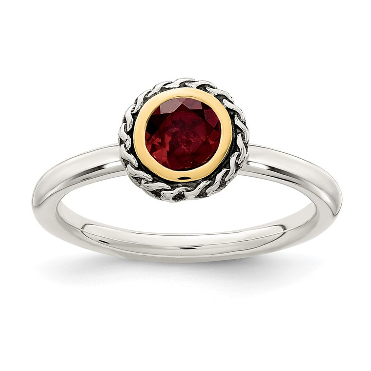 Shey Couture Sterling Silver with 14K Accent Antiqued Round Bezel Garnet Ring - QT-AECD043A-7747
