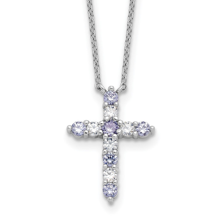SS RH-plated Lt Purple CZ June Birthstone Cross w/2in ext Necklace