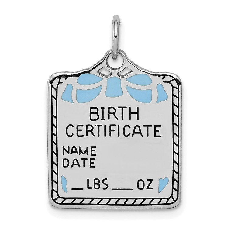 SS Rh-plt Blue Birth Certificate Polished Front/Satin Back Charm