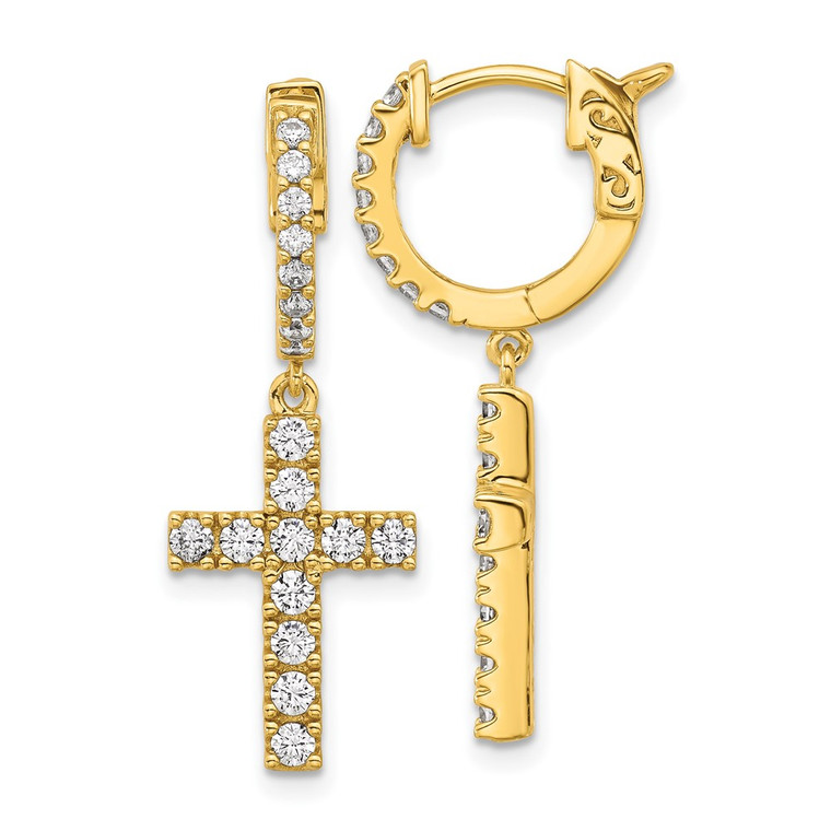 Sterling Shimmer Sterling Silver Gold-tone Flash Gold-plated CZ 38 Stone Cross Hinged Hoop Earrings