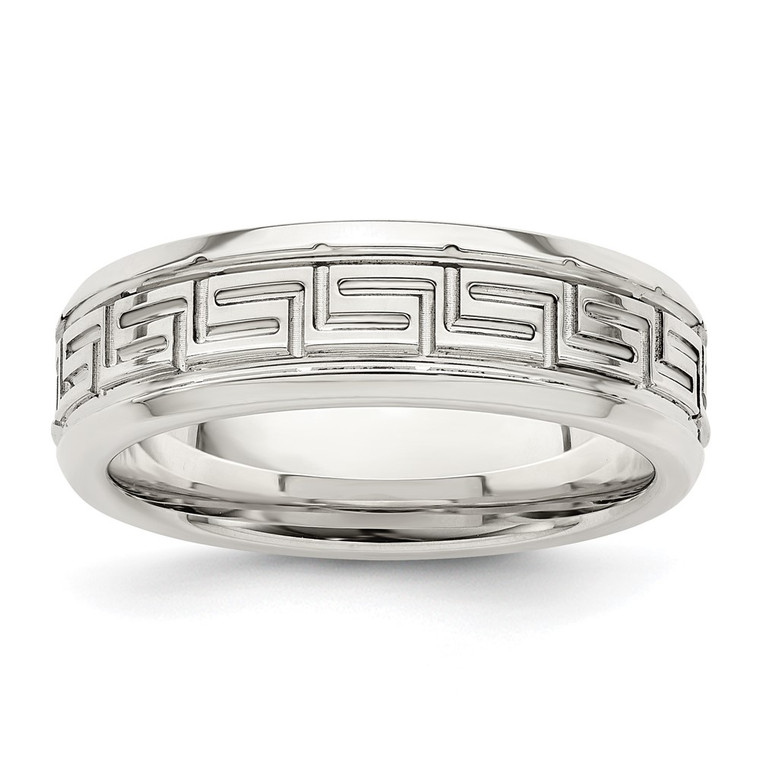 Sterling Silver 6mm Polished Flat Greek Key Design Beveled Edge Fancy Band Size 7.5