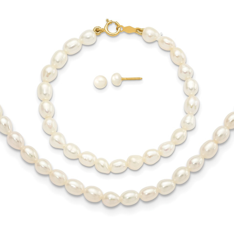 14k 3-5mm White Freshwater Cultured Pearl 14 inch Necklace, 5 inch Bracelet and Post Earrings Set