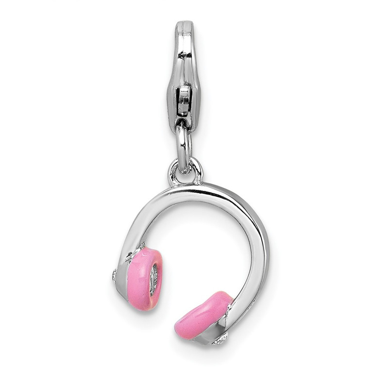 Sterling Silver Amore La Vita Rhodium-plated 3D Pink Enamel and Swarovski Crystal Headphones Charm with Lobster Clasp