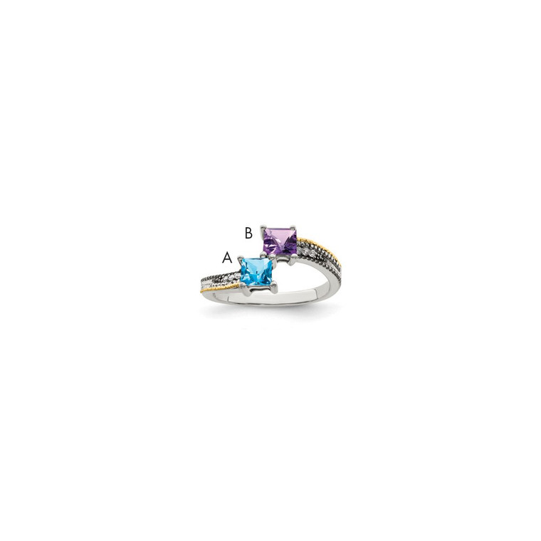 Sterling Silver Antiqued w/14k 2-stone w/Diamond Mother's Semi-Mount Ring - QM-1A1AAABD-3434