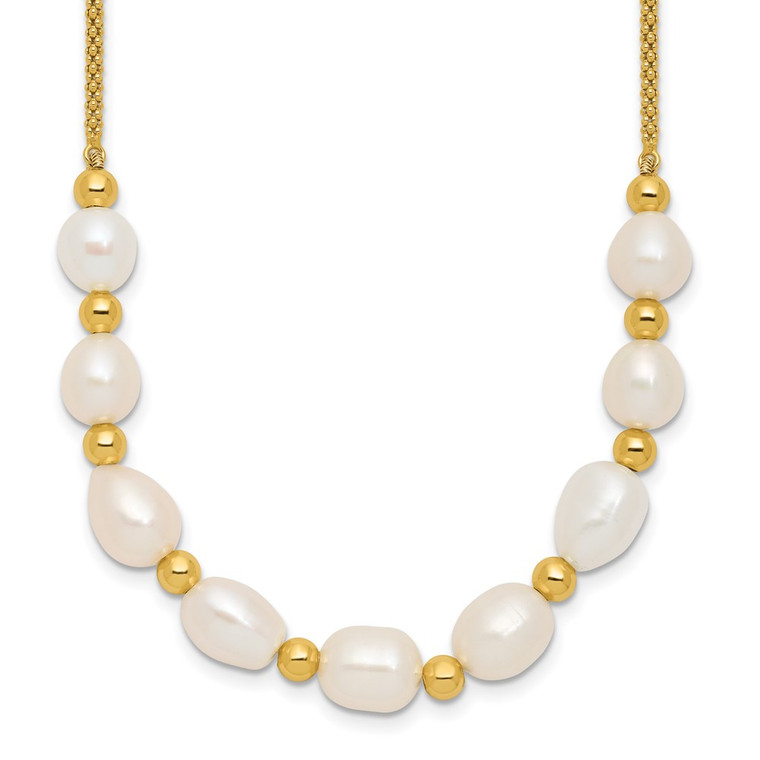 Sterling Silver Gold-tone Polished and Beaded 7-8mm Freshwater Cultured Rice Pearl 16 Inch with 2 Inch Extension Necklace