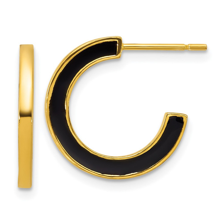 Sterling Silver Gold-tone Polished Black Enamel 18x2mm Post C-Hoop Earrings