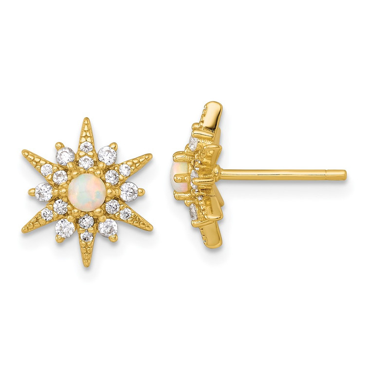 Sterling Silver Gold-Tone Polished Lab Created Opal and CZ Starburst Post Earrings