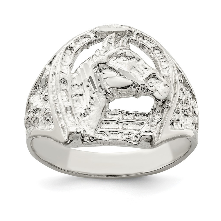 Sterling Silver Horseshoe with Horse Head Ring - QR-48B80ADA-6237