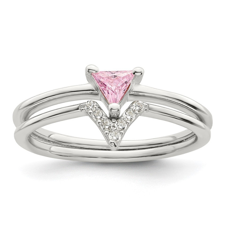 Sterling Silver Pink Trillion CZ and White CZ Ring Set - QR-685DE012-5719