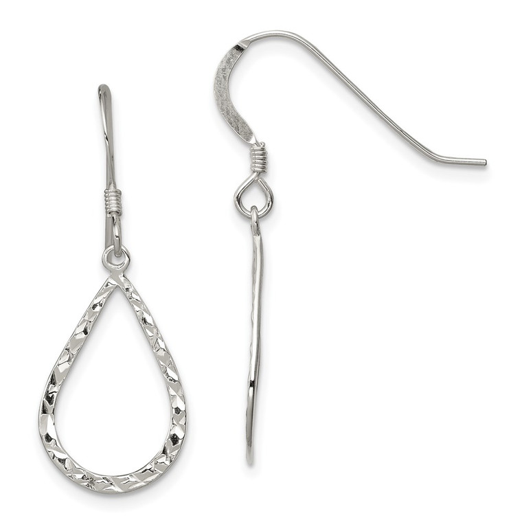 Sterling Silver Polished & D/C Teardrop Dangle Shepherd Hook Earrings