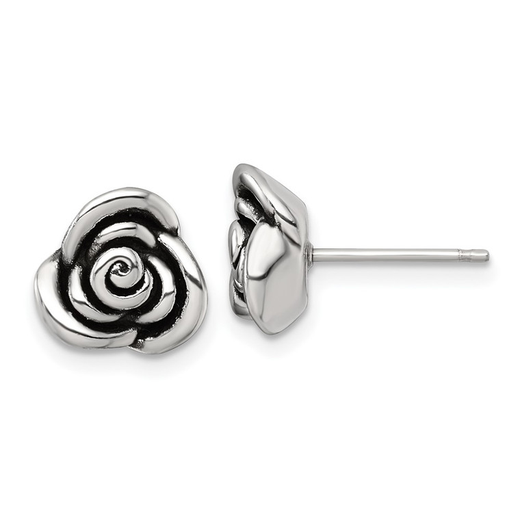 Sterling Silver Polished and Antiqued Rose Post Earrings