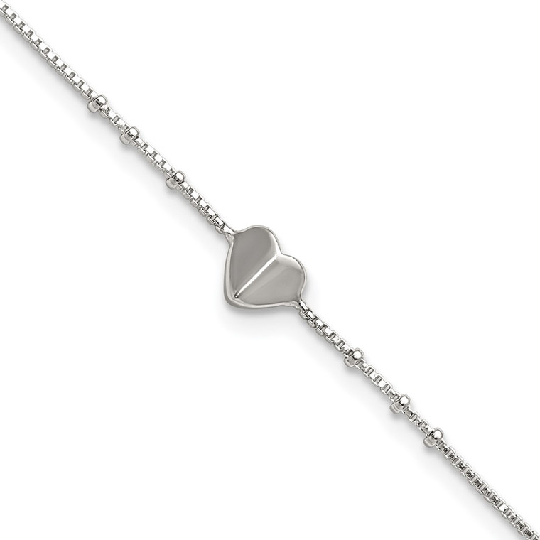 Sterling Silver Polished and Beaded Heart 9 inch with 1 inch Extension Anklet