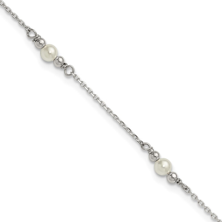 Sterling Silver Polished and Beaded with Acrylic Pearl 9 in with 1 inch Extension Anklet