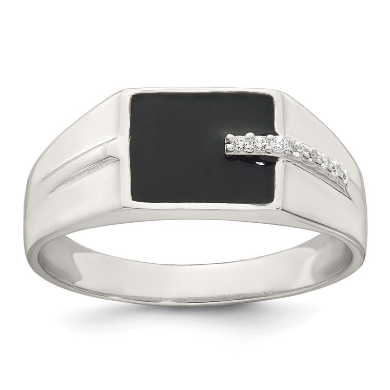 Sterling Silver Polished Black Enameled and White CZ Size 9 Mens Signet Ring
