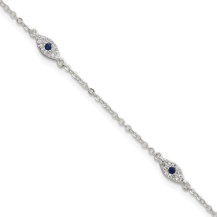 Sterling Silver Polished Blue and White CZ Evil Eye 7 Inch with 1 Inch Extension Bracelet
