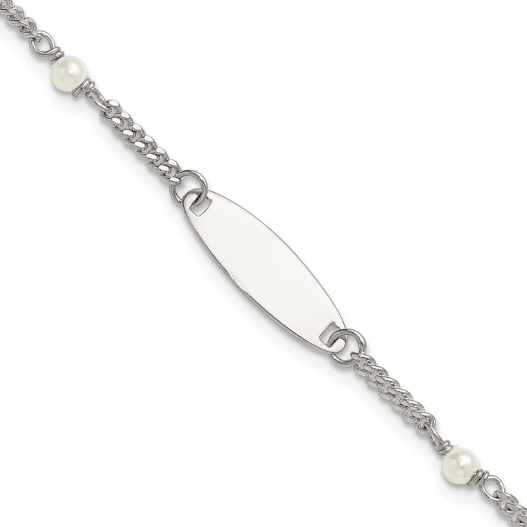 Sterling Silver Polished Curb Link and Acrylic Pearl 5 inch with 1 inch Extension Childrens ID Bracelet
