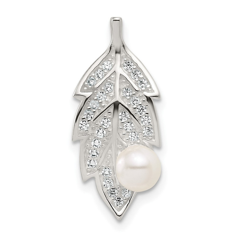 Sterling Silver Polished CZ and Acrylic Pearl on Leaf Chain Slide Pendant