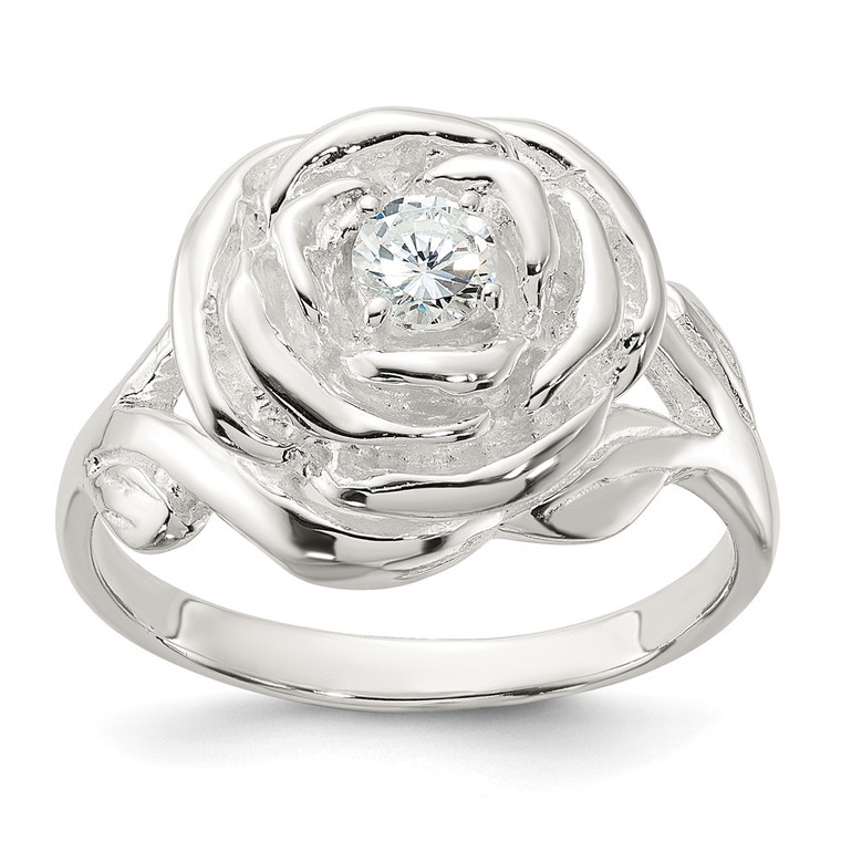 Sterling Silver Polished CZ Flower Rose Ring - QR-2ED2A7FC-6774