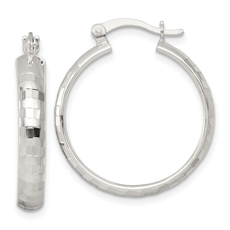 Sterling Silver Polished Diamond-cut 25x4mm Round Hoop Earrings