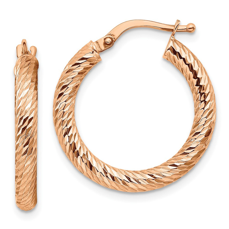 14k 3mm Polished Rose Gold Diamond-cut Round Hoop Earrings