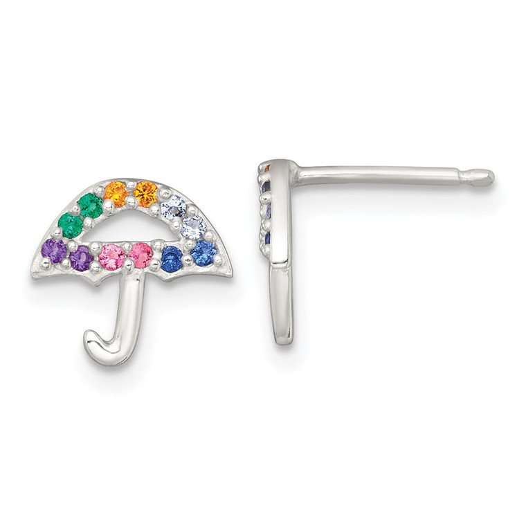 Sterling Silver Polished Multi-color Nano Crystals Umbrella Childrens Post Earrings